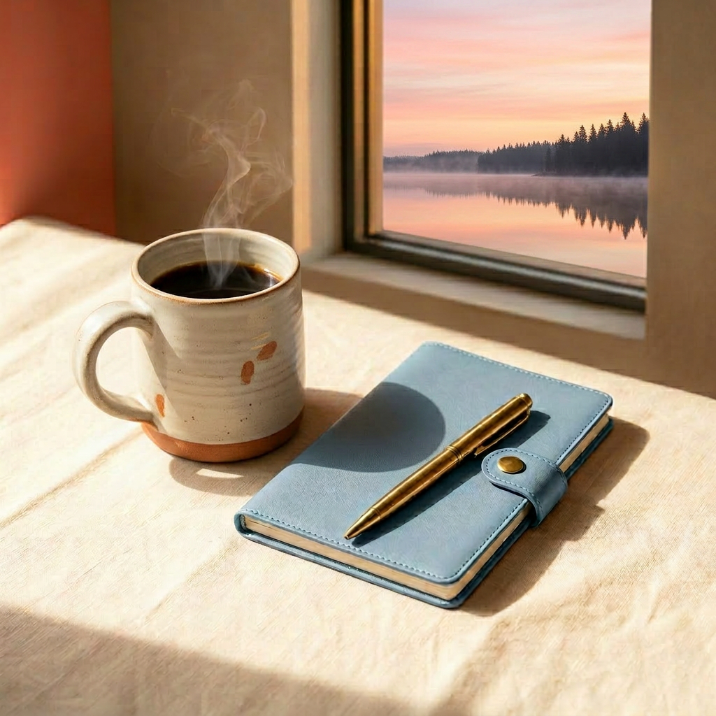 A calm desk with a coffee cup, leather notebook and olive branch